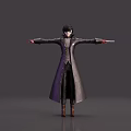 Game Character Design With Purple And Gray Long Coat Arms Outstretched Black Pants Brown Boots