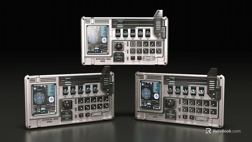 Three Metallic Control Panels With Digital Screens Buttons And Interface Layout 3d model 