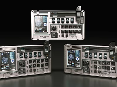 Three Metallic Control Panels With Digital Screens Buttons And Interface Layout 3d model