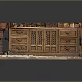 Wooden Dresser With Carved Patterns Decorative Items And Red Cloth On White Base