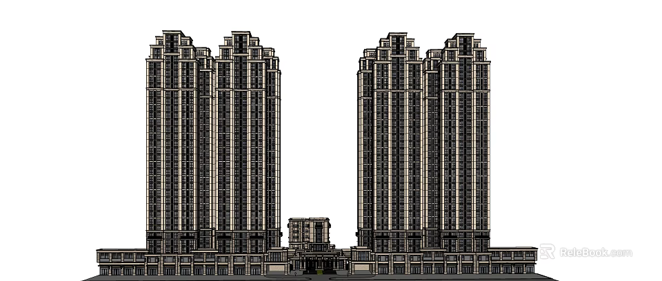 High rise Residential Buildings With Symmetrical Exterior Design And Modern Podium Details 3d model 