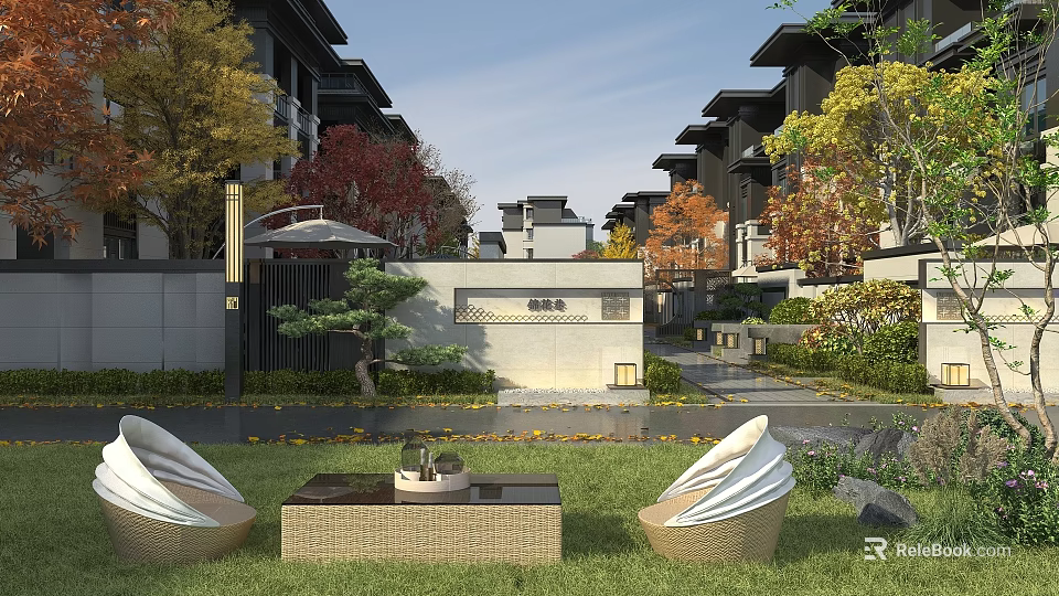 Modern Luxury Chinese Style Garden Landscape With Lush Greenery Outdoor Seating And Traditional Decor 3d model 