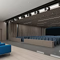 Modern Conference Room Interior With Large Projection Screen Rows of Black Chairs and Ceiling Lighting