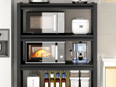 Black Multi tier Kitchen Cabinet Shelf With Microwave Rice Cooker And Coffee Maker 3d model