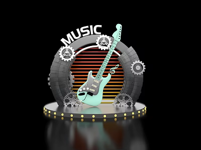 Music Themed Display With Electric Guitar Gears And Circular Lighting Design 3d model