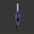 Blue Mechanical Tool With Sickle Shaped Blade And Long Metallic Rod