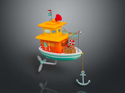 Colorful Toy Boat With Yellow Top Orange Body Green Bottom White Propeller And Blue Anchor 3d model