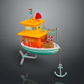Colorful Toy Boat With Yellow Top Orange Body Green Bottom White Propeller And Blue Anchor