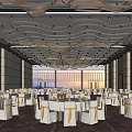 Luxurious Banquet Hall Interior With Wave Ceiling Decor And Dining Tables Chairs 3d model