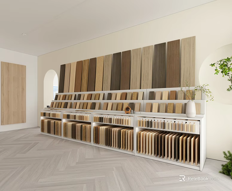 Wood Flooring Samples Showroom With Wall Panels Shelves And Herringbone Floor 3d model 
