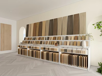 Wood Flooring Samples Showroom With Wall Panels Shelves And Herringbone Floor 3d model