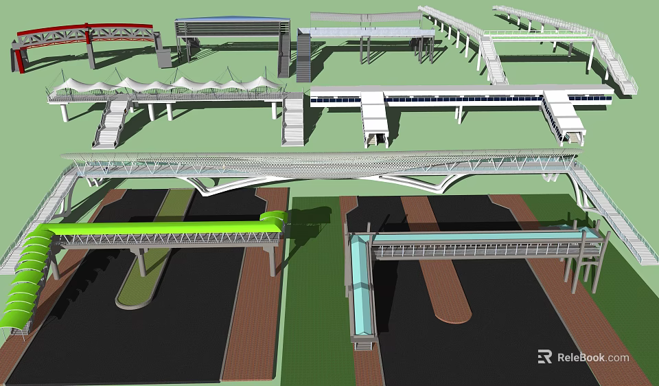 Various Bridge Designs Showcasing Different Structural Types And Colors In Architectural Models 3d model
