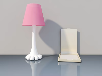 Pink Lampshade Lamp With Open Hinged Door Box On Gray Tabletop 3d model