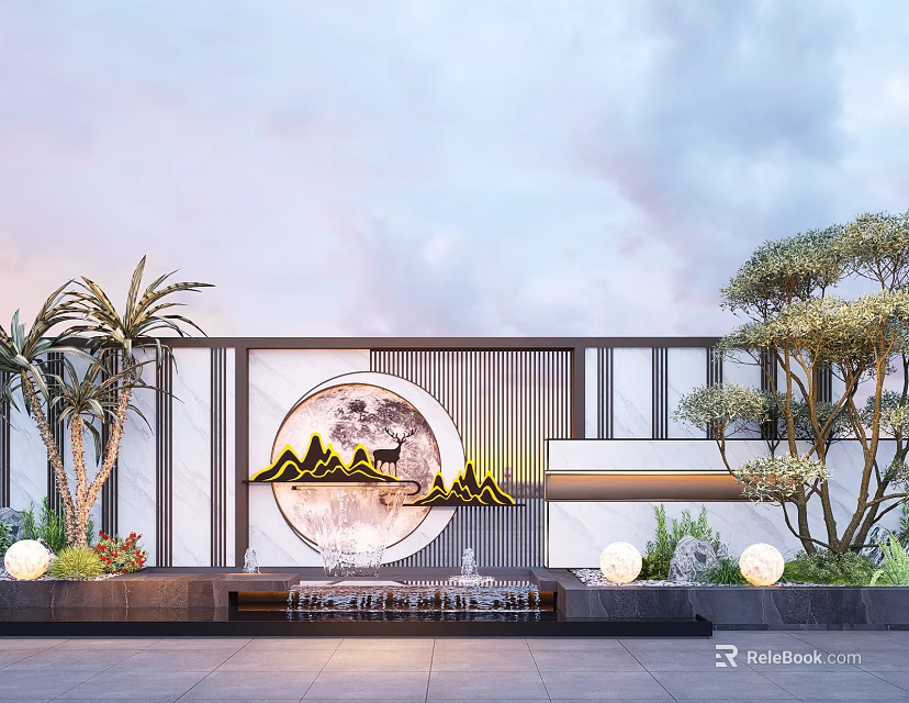 Modern Scenic Wall Design With Circular Mountain Pattern Soft Lighting And Surrounding Plants 3d model