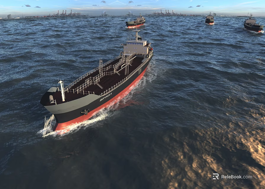 Large Ship With Black Red Hull Sailing On Sea With Multiple Ships Near Port 3d model 