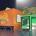 Orange Container Building Design With EN BLOC Sign Wooden Platform And Plants