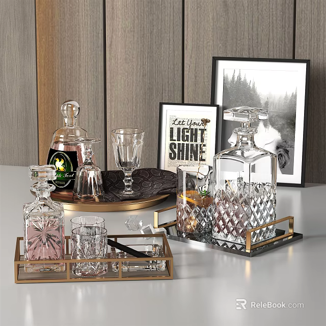 Wine Bottles And Glasses On Gold Framed Trays With Wooden Walls And Framed Art 3d model 