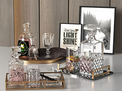 Wine Bottles And Glasses On Gold Framed Trays With Wooden Walls And Framed Art 3d model