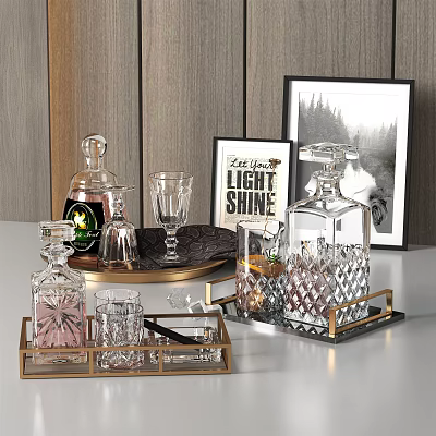 Wine Bottles And Glasses On Gold Framed Trays With Wooden Walls And Framed Art 3d model