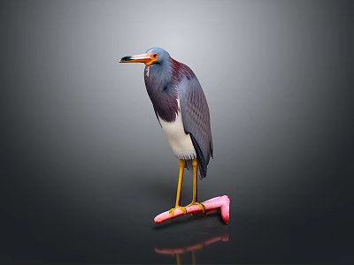 Tricolored Heron With Orange Beak Standing On Pink Skateboard Against Dark Background 3d model
