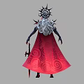 Woman With Spiked Headdress White Hair In Red Black Outfit Holding Red Longsword Spiral Cape