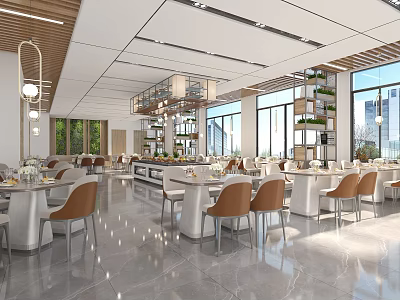 Modern Restaurant Interior With Spacious Dining Area Large Windows Wooden Tables And Brown Chairs 3d model