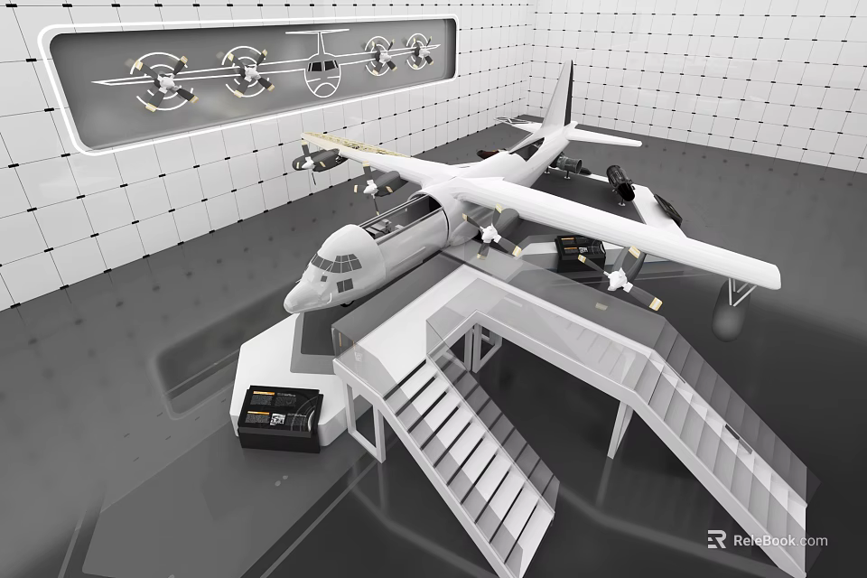 Detailed Airplane Model Display In Exhibition Hall With Staircase Display Platform And Charts 3d model 