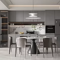 Modern Dining Kitchen Interior Design with Round Table Gray Cabinets Pendant Light and Marble Backsplash 3d model