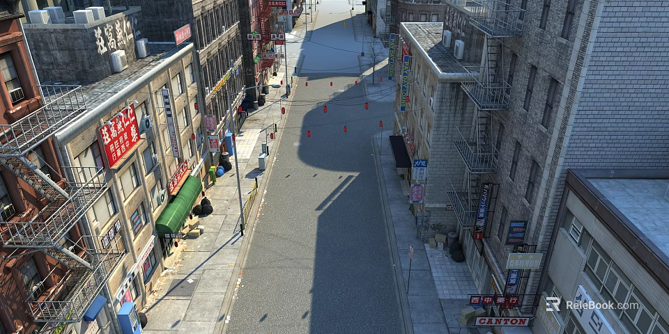 Commercial Street Scene With Traditional Buildings Storefront Signboards And Urban Sidewalks 3d model 