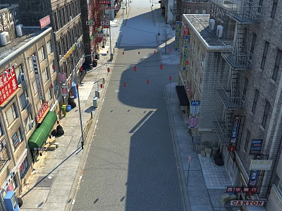 Commercial Street Scene With Traditional Buildings Storefront Signboards And Urban Sidewalks 3d model