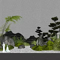 Japanese Courtyard Garden With Rock Formations Lush Plants Two White Figurines And Sunlight Shadows