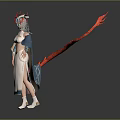 Elegant Female Character In Traditional Attire With Dragon Horns And Red Streamers