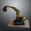 Detailed Yellow Excavator Model On Wooden Base With Tracks And Mechanical Arm