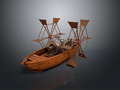 Vintage Wooden Boat Model With Metal Paddle Wheels And Mechanical Structure 3d model