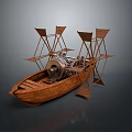 Vintage Wooden Boat Model With Metal Paddle Wheels And Mechanical Structure