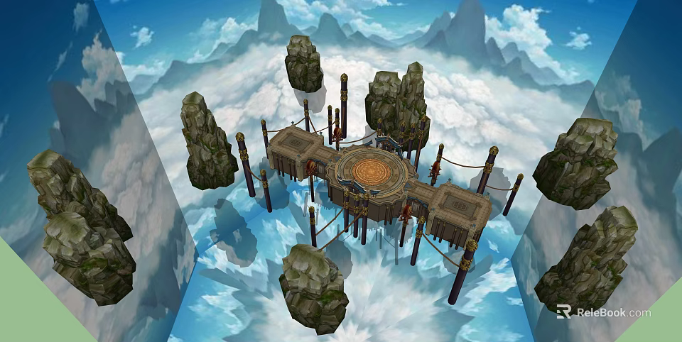 Ancient Architecture Suspended Platform With Circular Center Surrounded By Clouds Mountains Wooden Pillars Rope Connections 3d model 