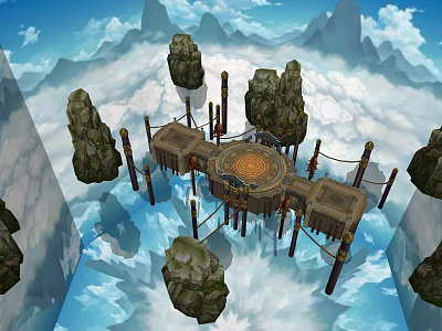 Ancient Architecture Suspended Platform With Circular Center Surrounded By Clouds Mountains Wooden Pillars Rope Connections 3d model