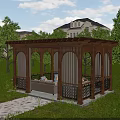 Wooden Pergola With Carved Lattice Design Outdoor Sofa Seating And Green Lawn Trees Background House