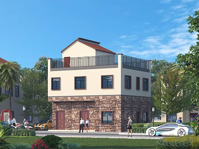 Two Story Detached Villa With Red Roof Stone Facade And Green Surroundings 3d model