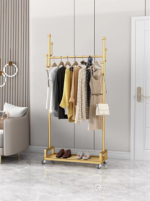Gold Metal Clothes Rack with Fashionable Clothes Handbag and Shoes in Modern Room 3d model 