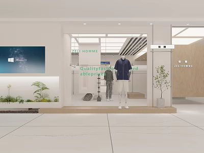 Modern Clothing Store Window Display with Mannequins in Stylish Outfits Green Plants and Bright Lighting 3d model