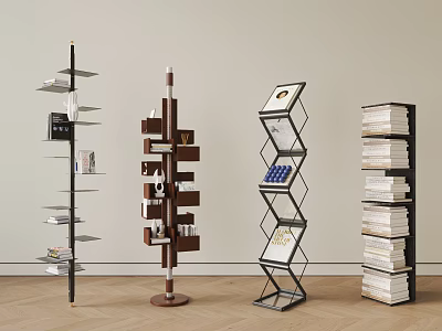 Various Modern Bookshelf Designs With Wooden Metal And Glass Shelves For Books And Decor 3d model