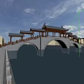 Traditional Chinese Arched Bridge Featuring Pavilions Over Water With Green Trees And Blue Sky