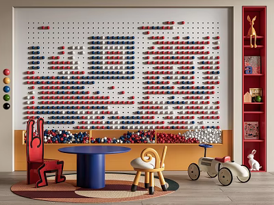 Colorful Building Blocks Wall in Children's Playroom with Chairs Table Toys and Rabbit Doll 3d model