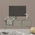 Modern TV Stand with Open Shelves Drawers TV Plant and Lamp on Paneled Wall