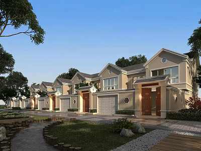 Modern Townhouse Row With Exterior Design Green Landscaping and Driveway 3d model