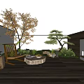 Elegant Garden Landscape With Wooden Deck Chair Round Table Orange Tree Pine And Greenery