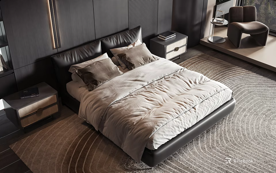 Modern Luxury Double Bed With Black Leather Headboard Beige Bedding Nightstands And Rug In Bedroom 3d model 