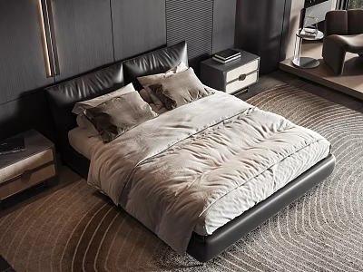 Modern Luxury Double Bed With Black Leather Headboard Beige Bedding Nightstands And Rug In Bedroom 3d model