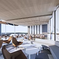Modern Sales Office Interior With Floor to Ceiling Windows Light Colored Tables Chairs Digital